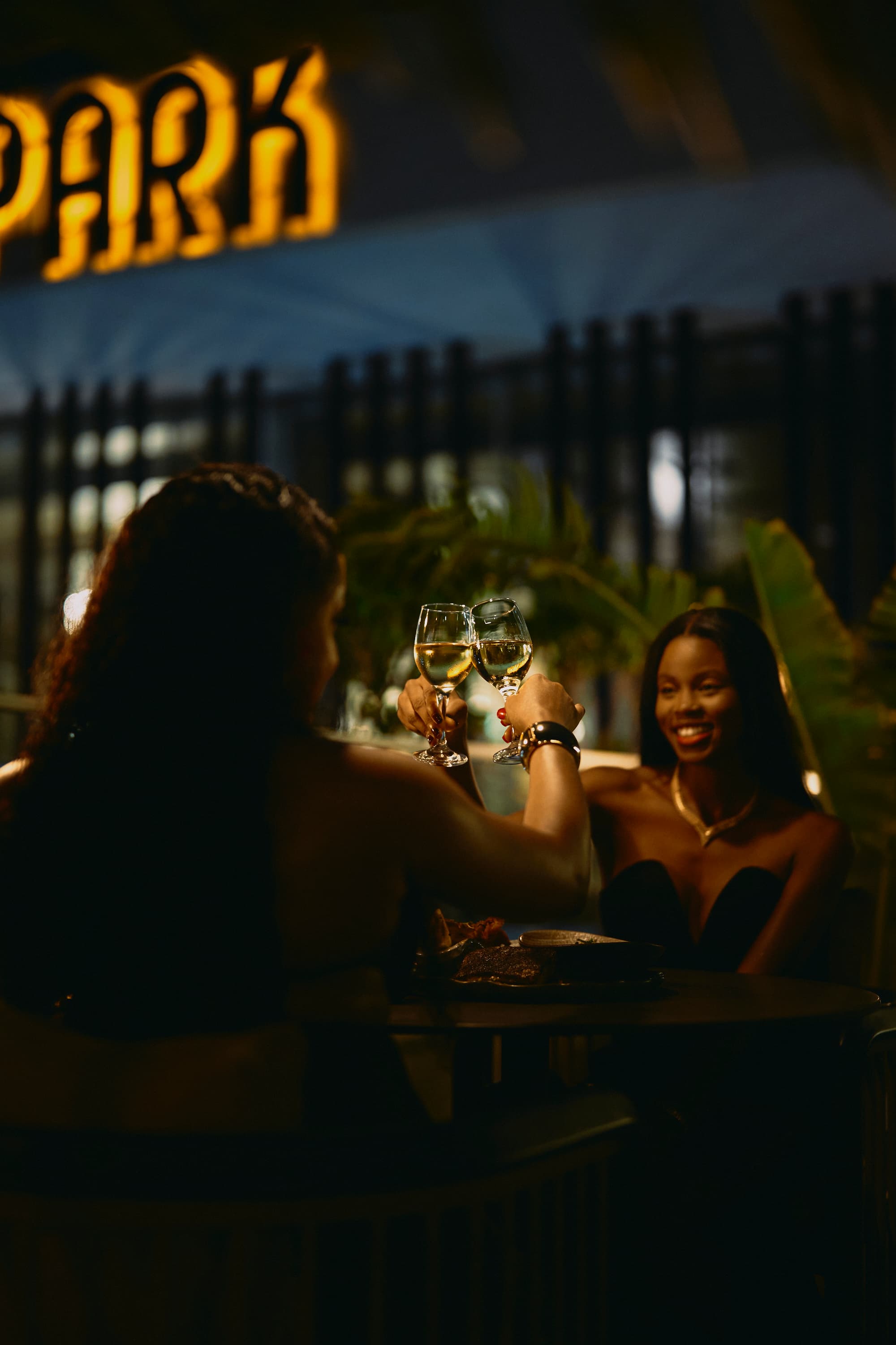 Guests toasting over dinner at Marks at the Park — hospitality campaign.